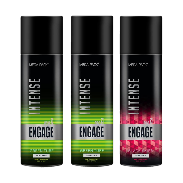 एंगेज Intense Deo Combo, 1 Black Skies (220ml) & 2 Green Turf (220ml) - पुरुषों के लिए