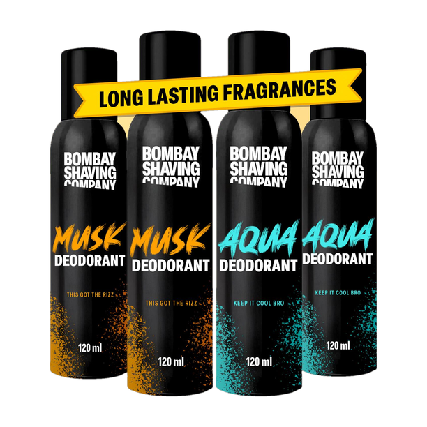 BOMBAY SHAVING COMPANY Fresh Aqua & Intense Musk 120mlx4 Combo Deodorant Luxury Long Lasting Fragrance Deodorant Spray  -  For Men & Women 480 ml, Pac