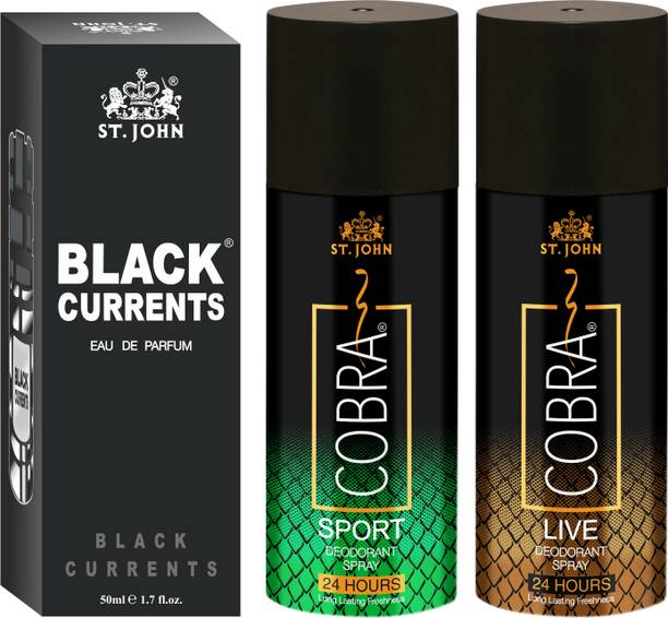 ST-JOHN Cobra Deodrant Live & Sports 150 ml each & Black Current 50ml Perfume Combo Pack Perfume Body Spray  -  For Men & Women
