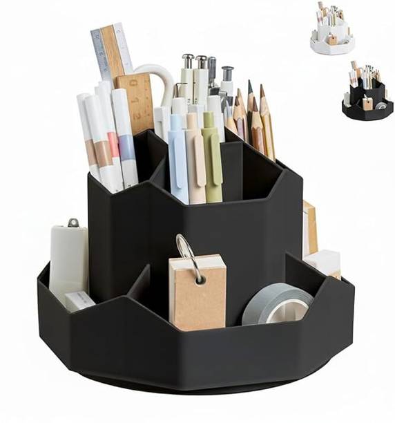 WIHOLL 9 Compartments Heavy Plastic Rotating Pen Pencil Holder, Desk Organizer F