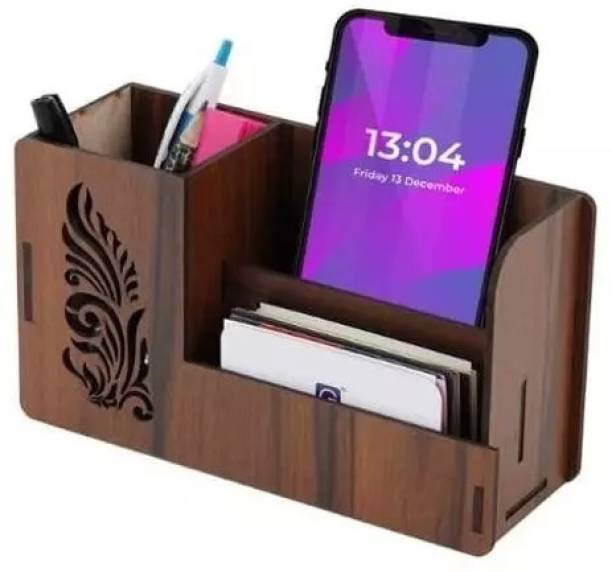 SAMWAX 1 Compartments Wood 3 Compartments 4 Line Wooden Pen Stand With Visiting Card & Mobile Holder