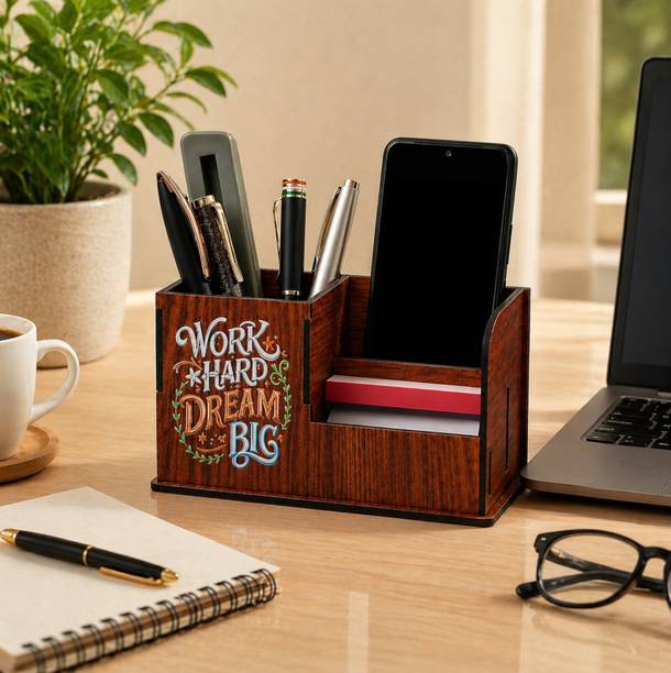 DivineCraftedArt 3 Compartments Wooden Multipurpose Wooden Pen Holder with Mobile Slot