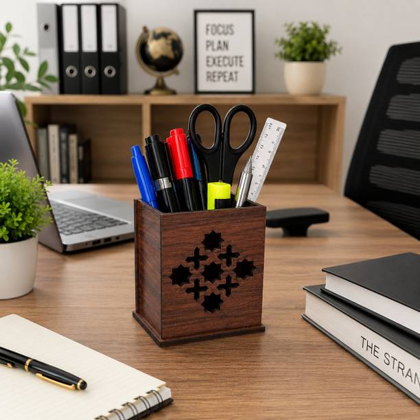 FASTRUSH 1 Compartments Premium MDF Wood Pen Stand for Office Desk | Decorative 