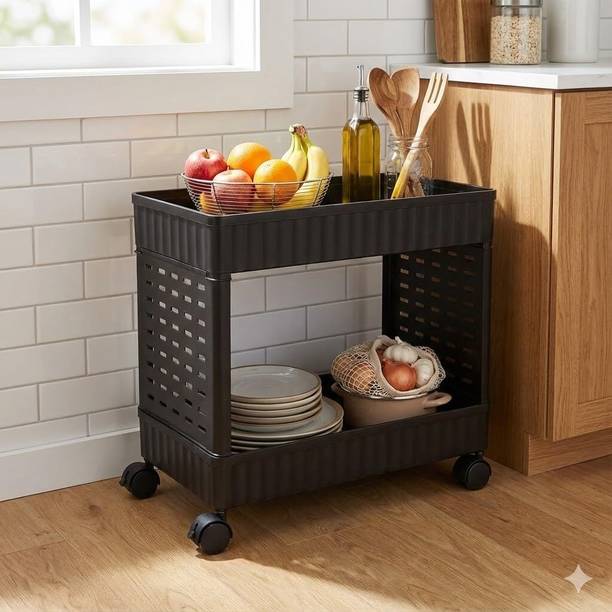 RDJ PRODUCTS 2 Layer Black Tier Rolling Storage Kitchen Storage Organizer Kitchen Trolley Plastic Kitchen Trolley