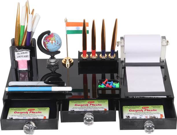 Ganesh 6 Compartments Acrylic Pen Holder Exclusive Series Acrylic Pen Stand Drawers Multipurpose Desktop (16x8 Inches)