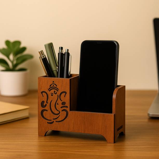 ZoonieceArt 3 Compartments Minimal Ganesha Wooden Pen Stand with Mobile Holder | MDF Desk Organizer for Office, Study Table & Home | Handcrafted Tabletop Storage