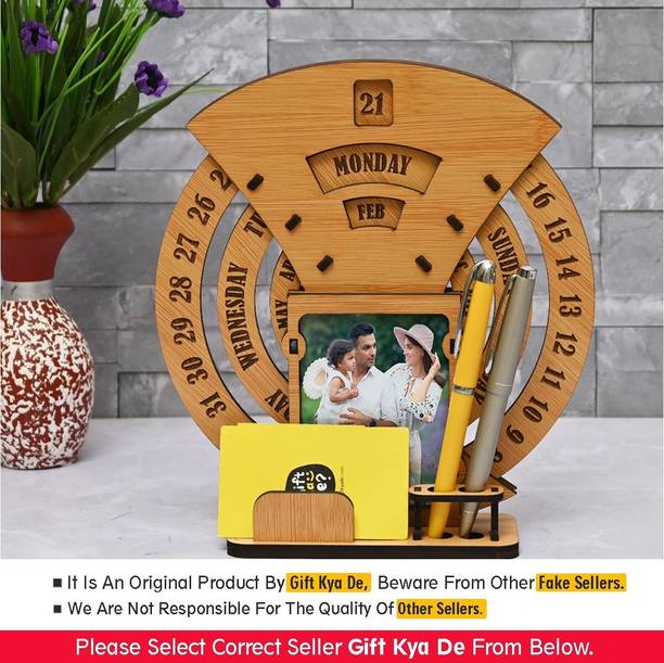 GIFT KYA DE 2 Compartments Wooden Desk / Table Calendar to Lifetime Infinite Calendar 2025 with Desk Organizer for Office, Home, Calendar, Photo Frame, Pen Stand, Card Holder
