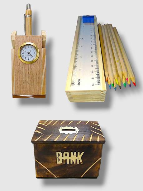 TATV QALAA 1 Compartments Wood Wooden Combo! Piggy Bank + Single Pen Stand With Clock