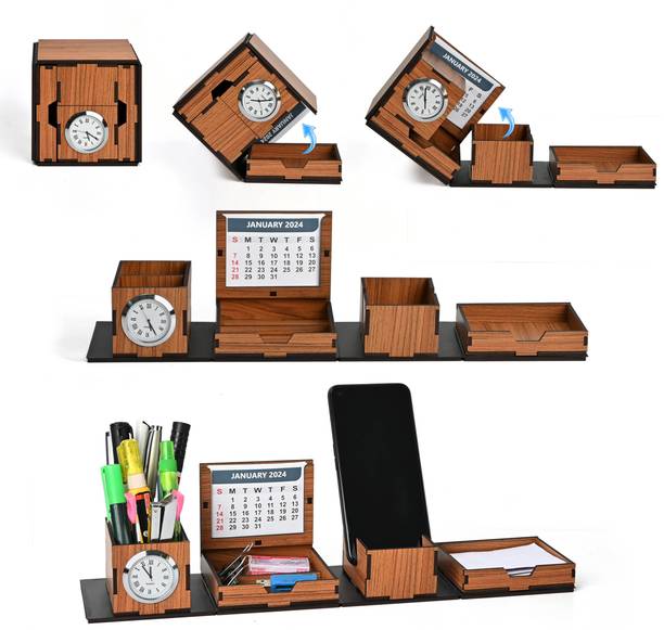 GIFT KYA DE 4 Compartments Wood Calendar 2025 oldable Desk Organizer With Calendar Clock and Mobile Stand for Office Desk