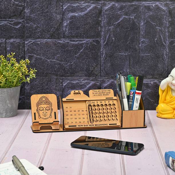 GIFT KYA DE 1 Compartments Wooden Desk Calendar to Lifetime Infinite Perpetual Calendar 2025 / Mini Slide with Mobile Stand / Pen Holder