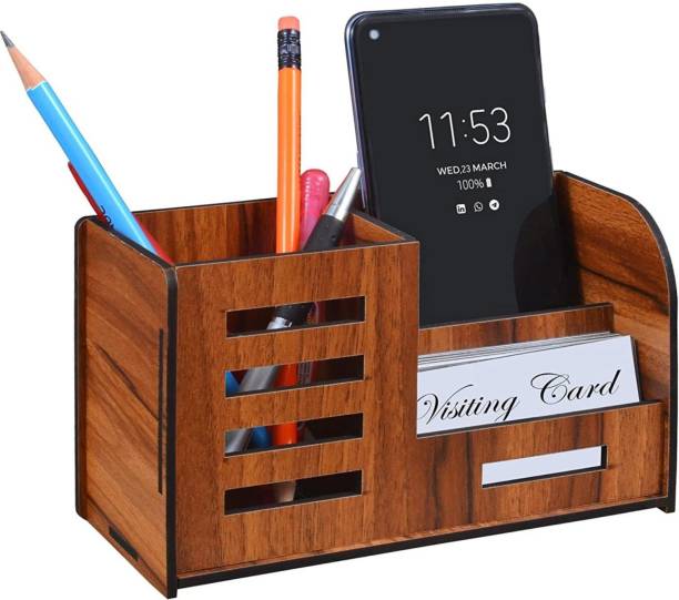 Kindly 3 Compartments Wooden Pen Stand for Students /Office With Visiting Card & Mobile Holder Desk Organizer