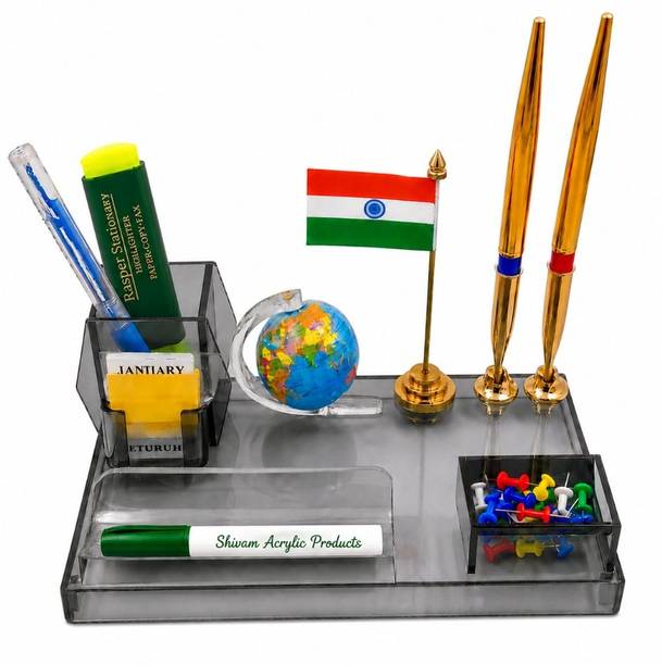 RASPER 2 Compartments Acrylic Pen Stand With Flag Revolving Globe For Office Stu