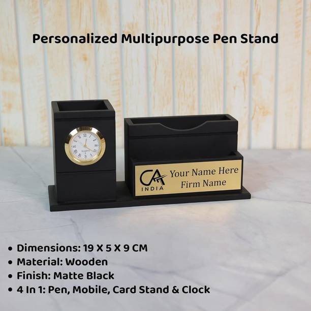 OCHHAV 3 Compartments Luxury Engineered Wood CA India Pen Stand with Built-in Analog Desk Clock and Customized Name – Perfect for Chartered Accountants & Office Professionals