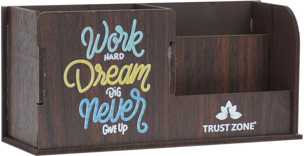 Trust Zone 3 Compartments Wooden With Motivational Quotes Pen Holder / Desk organiser / Visiting Card Holder