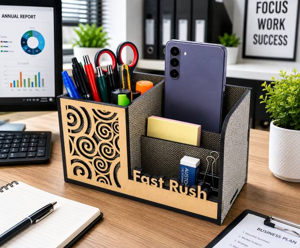 FASTRUSH 3 Compartments Premium Wooden Desk Organizer Pen Stand |, Stationery Ho