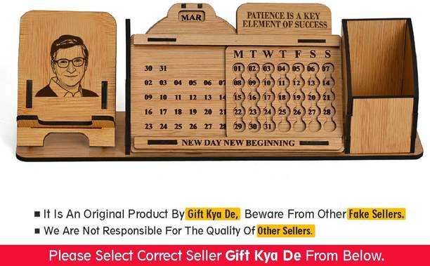 GIFT KYA DE 1 Compartments Wooden Desk Calender to Lifetime Infinite Perpetual Calendar 2023 / Mini Slide with Mobile Stand / Pen Holder (Bill Gates)