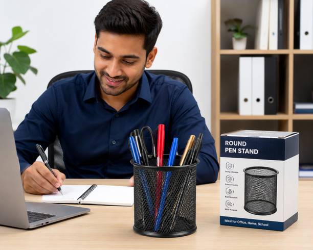 RAJBHAR ENTERPRISES 2 Compartments Metal Mesh Black PEN STAND HOLDER