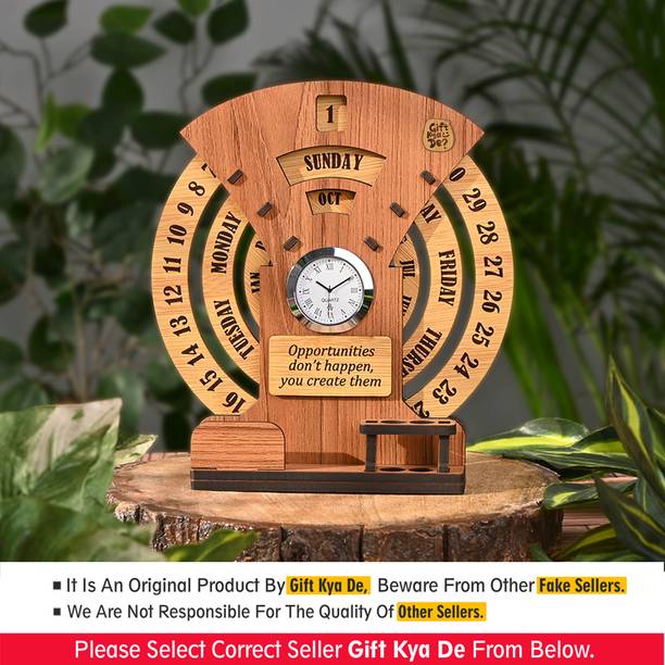 GIFT KYA DE 2 Compartments Wooden Desk Calendar Table Calendar to Lifetime Infinite Calendar 2025 Desk Organizer and Clock for Office, Home, Corporate Gifts