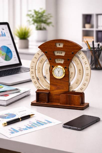 Advance craftech 2 Compartments MDF Wooden Wooden Perpetual Calendar with Clock Pen Holder for Office Table