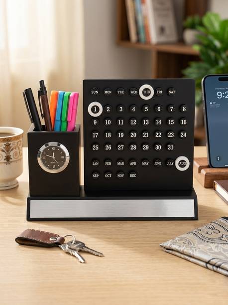 SATYAM GIFTS 1 Compartments Mdf Desktop Organizer Manual Calendar, Analog Clock & Pen Stand