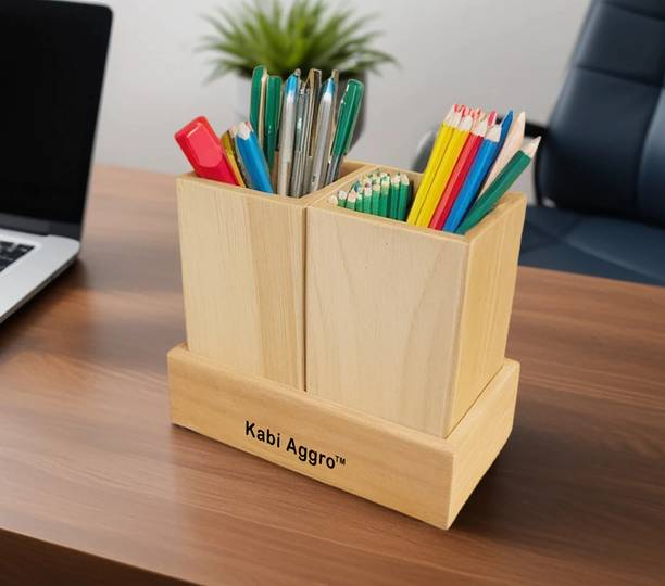 Kabi Aggro 2 Compartments Pine Wood Wooden pen stand desk organizer and hold items pencils pens markers