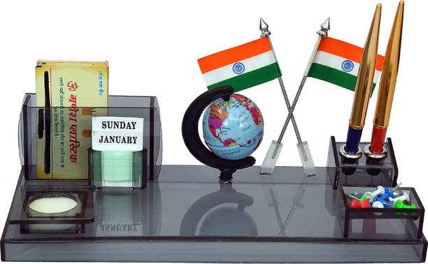 DeskDock 4 Compartments Acrylic Pen Stand & Pen Holder, Visiting Card Holder With TWO SPECIAL PEN