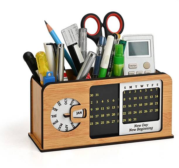 GIFT KYA DE 3 Compartments Wooden Desk Organizer With Calendar & Desk Calendar, Pen Stand, Office Accessories