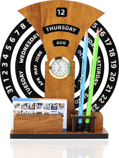 OCHHAV 2 Compartments Calendar of lifetime, calendar desk organizer round table calendar premium antique look for office decor, wooden calendar also corporate gifts