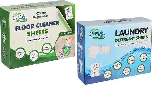 Faire Wash Eco-Friendly Floor & Laundry Detergent Sheets Combo, Biodegradable, Floral Scent Regular Detergent Pod