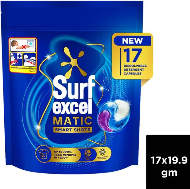 Surf Excel Matic 3 in 1 Smart Shots, Dissolvable Liquid Detergent Capsules, 17 pcs Ocean Detergent Pod