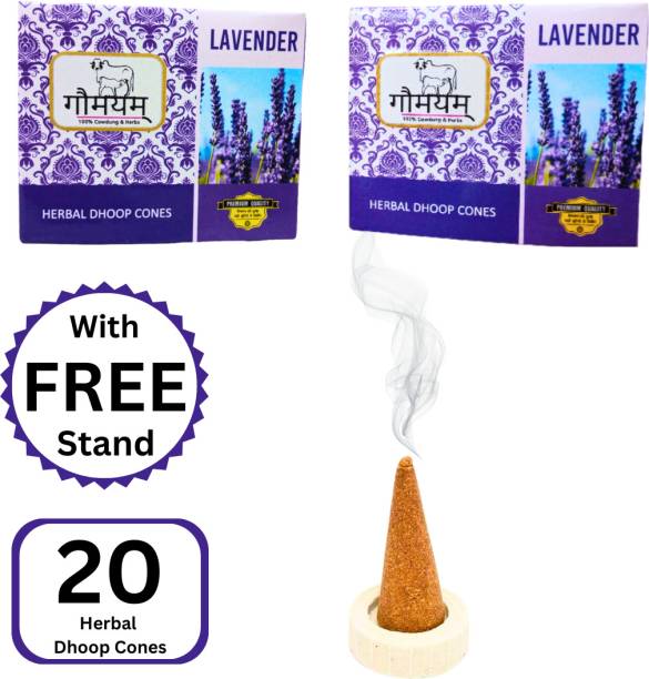 Gaumayam LAVENDER Dhoop Cones for Pooja 20 with Stand Incense Cones dhup batti Herbal Lavender Dhoop