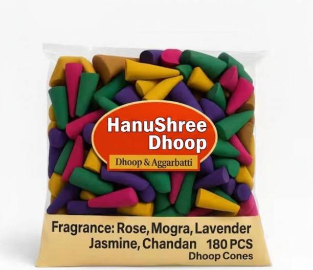 hanushree Mixed Fragrance Dhoop Cones 180 Pcs | Incense Cones for Pooja & Home Temple Lavender, Rose, Jasmine, Sandal Dhoop