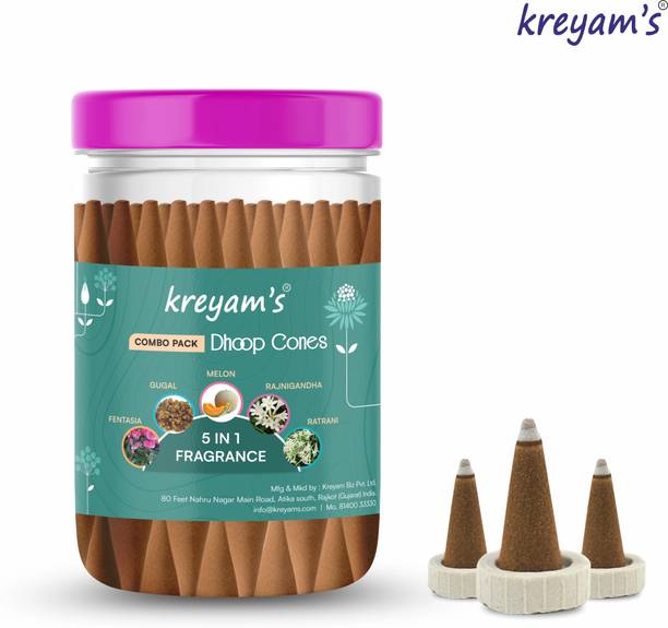 Kreyam's Dhoop Cone Combo Set for Pooja Fentasia,Gugal,Melon,Rajnigandha,Ratrani Guggul Dhoop