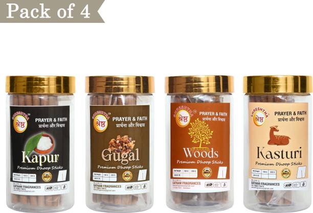 SHRESHTHA PREMIUM KAPUR GUGAL WOODS KASTURI DRY DHOOP STICK AGARBATTI 4X100G(400GMS) Woody, Guggul, NA Dhoop
