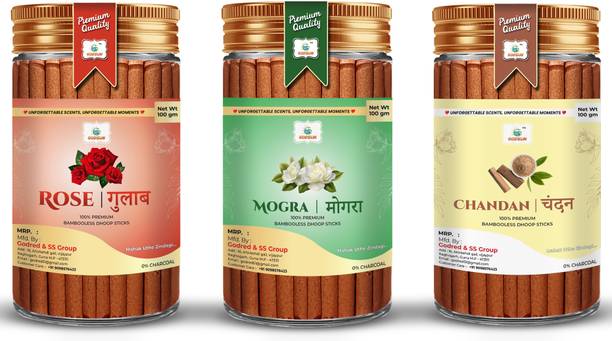 GODSUN Premium Rose, Mogra, Chandan, Dry Dhoop Sticks Jar (3×100)300gm Dhoop Batti Dhoop