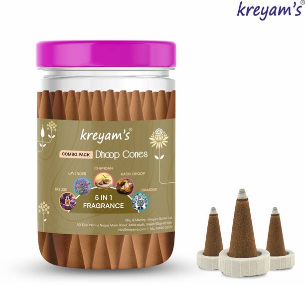 Kreyam's 5 Variant Incense Dhoop Cone Combo Set for Pooja Deluxe, KashiDhoop, Diamond, Lavender, Sandal Dhoop