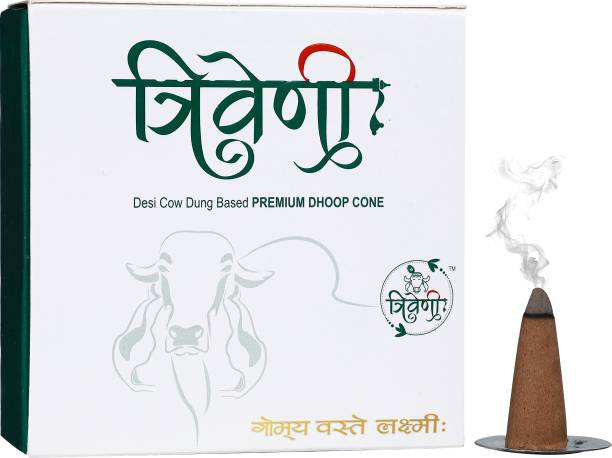 Triveni Cow Dung Cone Dhoop For Puja (60 Pieces) with 2 Holder Cones For Pooja Loban Sandal Dhoop
