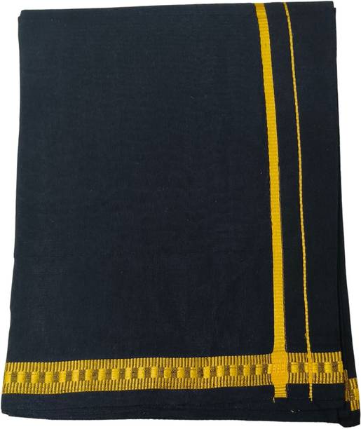 Mithulya Cotton Men's Pure BLACK Cotton Lungi Free Size Thin Gold Boarder Solid Men Dhoti