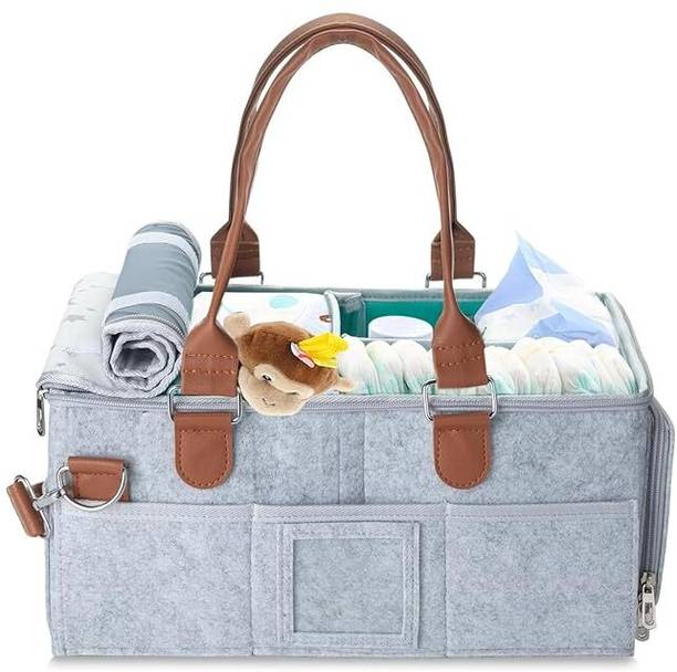 Verilux Baby Diaper Caddy Felt Organizer Basket with Handle Multiple Compartments Khaki Nursery Bag