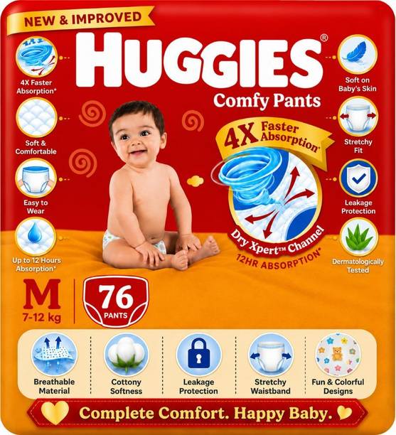 Huggies Comfy Pants Baby Diapers (Medium, 76) Up to 12 Hours Absorption & Dryness Pant Diapers - M