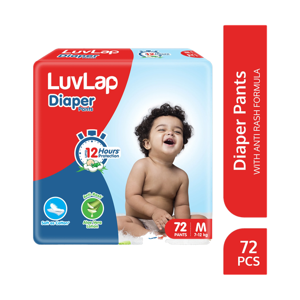 LuvLap Diaper Pants Medium (MD) 7 to 12Kg, 72 Count, Baby Diaper Pants, with Aloe Vera Lotion for rash protection, with upto 12 Hour protection - M