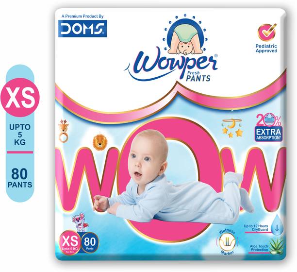 Wowper Fresh Baby Diapers Pants | Upto 12 Hrs Absorbtion | 0-5Kg - XS (80 Pieces) - XS
