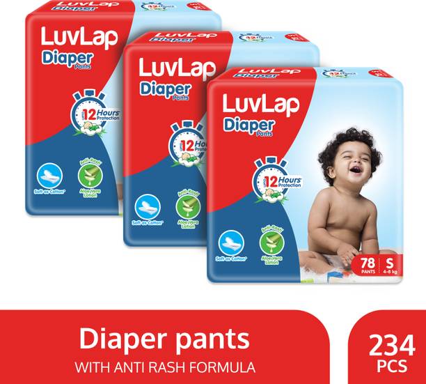 LuvLap Diaper Pants Small (SM) 4 to 8Kg, Super Jumbo Pack (78 Count x 3 = 234 Count), Baby Diaper Pants, with Aloe Vera Lotion for rash protection, with upto 12 Hour protection - S