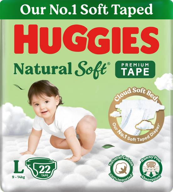 Huggies Natural Soft Premium Tape Diapers Large (L) Size, 9-14 kgs,22 Pcs Tape Diapers - L