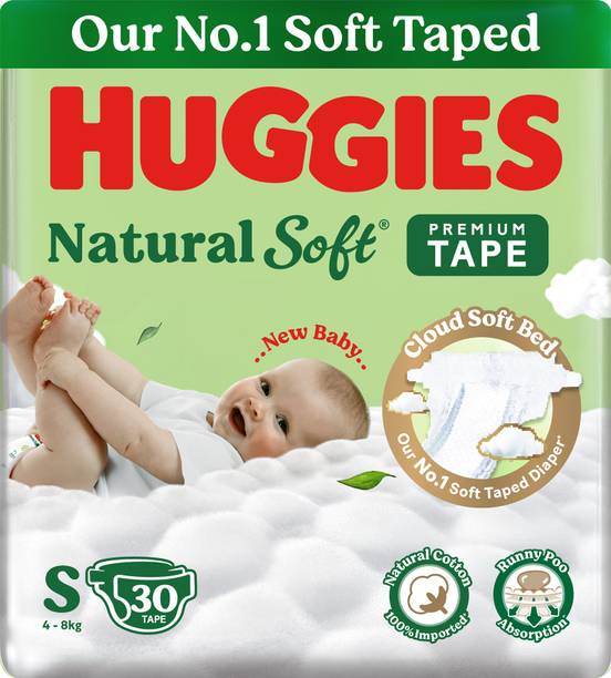 Huggies Natural Soft Premium Tape Diapers Small (S) Size, 4-8 kgs, 30 Pcs Tape Diapers - S
