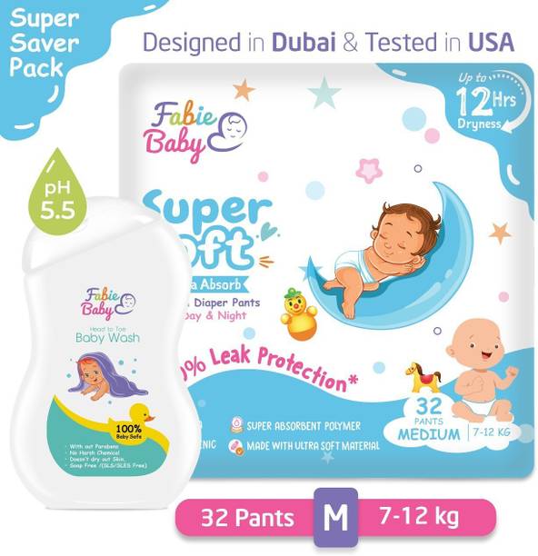 Fabie Baby SuperSoft Extra Absorb Premium Diaper Pants Medium Size+Baby Wash - M