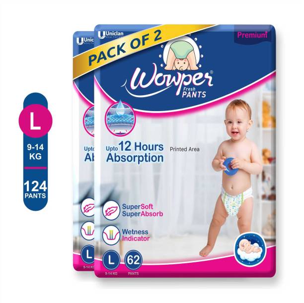 Wowper Fresh Baby Diapers Pants | Wetness Indicator | Upto 12 Hrs Absorption | 9-14 Kg - L