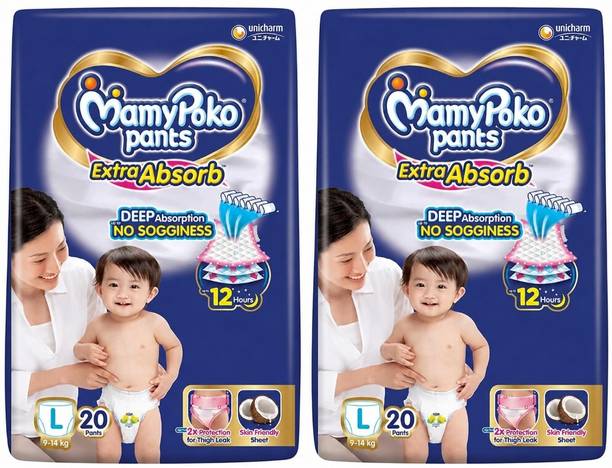 MAMYPOKOPANTS Extra Absorb Pants Style Baby Diaper Large Size 20+20 count 9-14 Kg - L