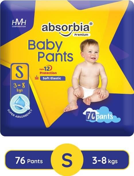 ABSORBIA Jumbo Baby Pant Diaper Small (S) 3-8 Kg, 76s x Pack of 1 | 12Hrs Protection Pant Diapers - S