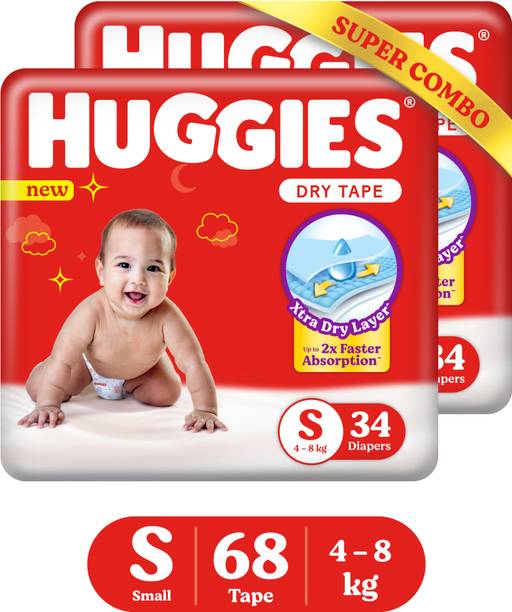 Huggies Dry Tape|Adjustable Tape Style Diapers, Small (S) Size (4-8 Kgs),(34 X 2)~68 Pcs - S